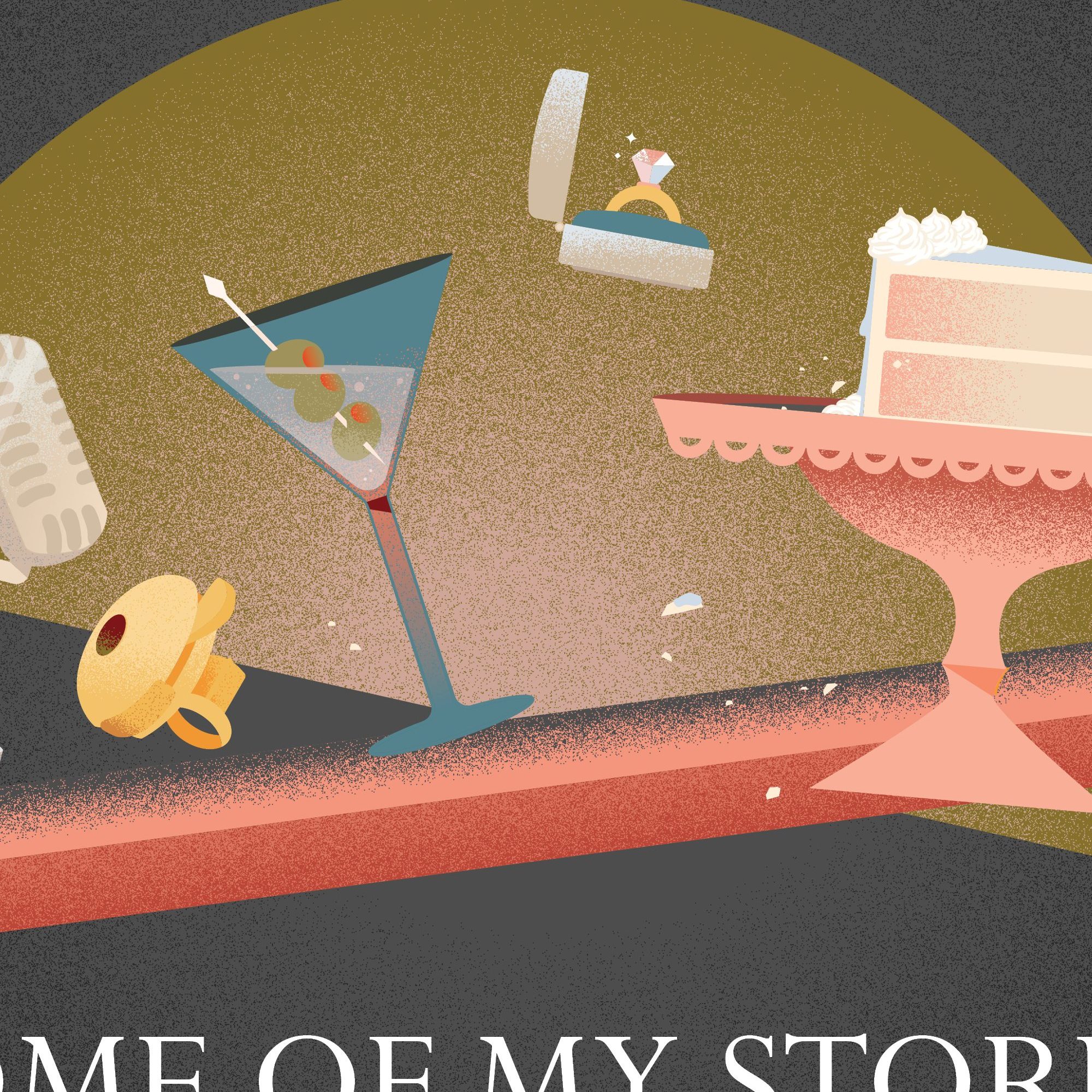 Album cover for "Some of my Stories: the Operas of Monica Pearce" by Essential Opera. On a dark grey background with a tilted olive green arch, a pink shelf tilts the opposite way, and a bunch of objects are flying in every direction: an old-fashioned microphone, a bike bell, a martini, a ring in a display box, and a slice of cake on a tray.